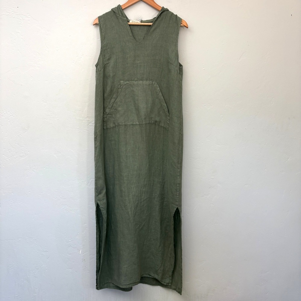 Bella Umbra Linen Maxi Dress Women Size Medium Green Sleeveless Hooded